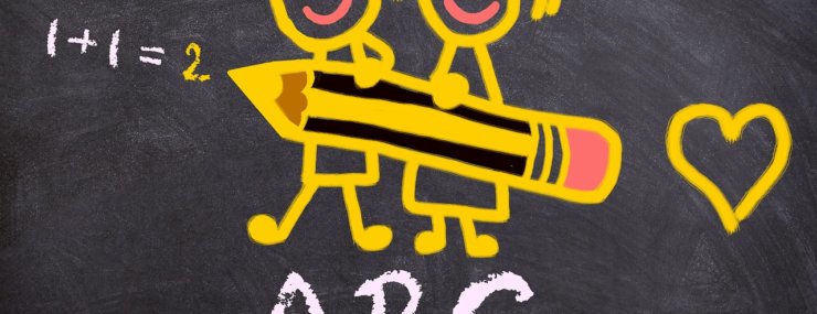 chalkboard drawings showing boy & girl stick figures in yellow holding a pencil with ABC in white below